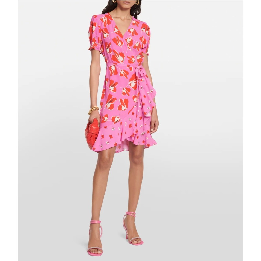 DVF Emilia Wrap Mini Dress Small Pink Floral Puff Sleeve Ruffle Romantic
